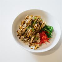 D3. Kara-Age Don · Japanese fried chicken, picked ginger, seaweed salad, scallions, sesame seeds, spicy mayo an...