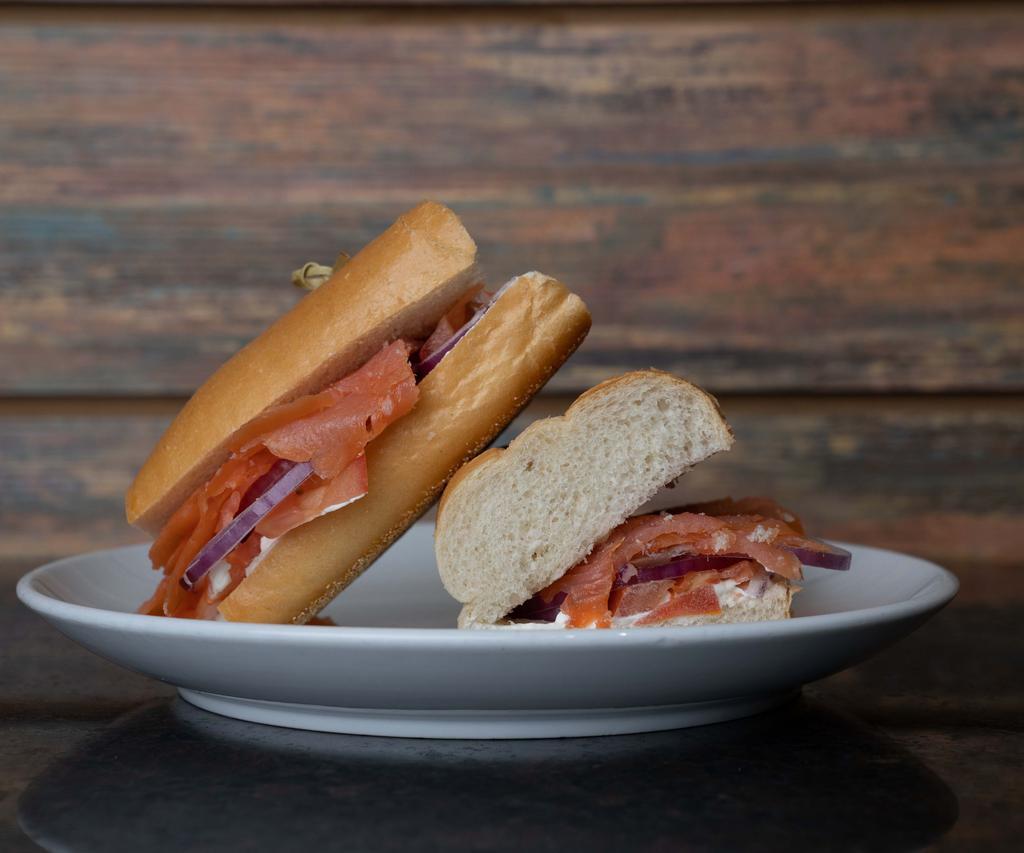 Smoked Salmon Sandwich · Comes with smoked salmon, tomatoes, red onion, and cream cheese. Served with choice of bread.