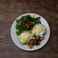 Eggs Benedict with Avocado · 2 poached eggs, avocado, and hollandaise sauce. Served on an English muffin with home fries ...