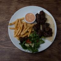 Beef Shish Kebab · Filet mignon steak. Served with grilled vegetables or French fries/House salad