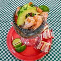 Shrimp Cocktail · Combination of shrimp, avocado fresh spicy sauce and pico de gallo.