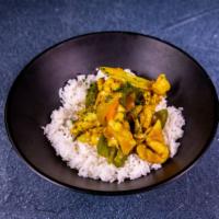 106. Curry Chicken · Tender white meat chicken stir fried with bell peppers and onions in a spicy curry sauce. Ho...