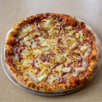 Hawaiian pineapple with ham and red or white sauce pizza (whole only sliced 8 ) · Your choice of base with sweet, tasty pineapple and baked ham on top with mozzarella cheese. 