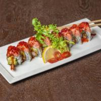 Angry Dragon Roll · Shrimp tempura, eel, avocado, cucumber roll with extra spicy tuna and spicy tobiko on top, e...