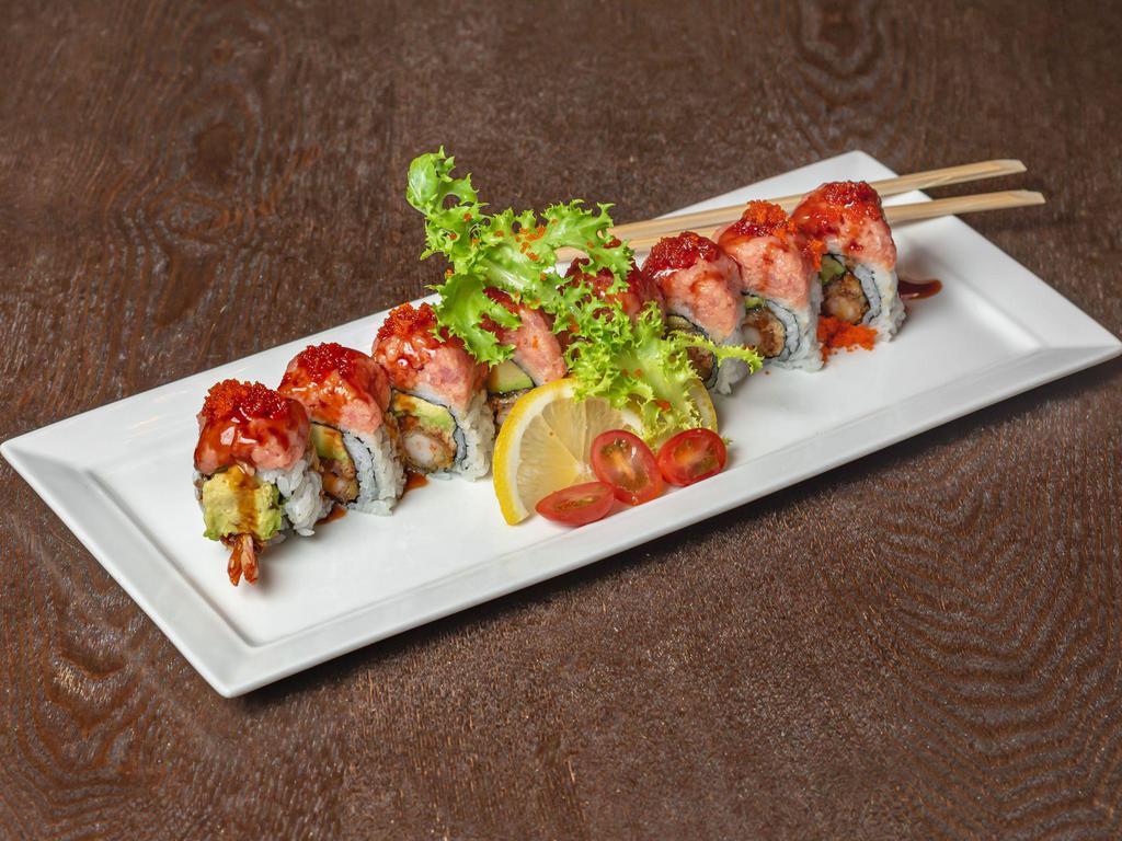 Angry Dragon Roll · Shrimp tempura, eel, avocado, cucumber roll with extra spicy tuna and spicy tobiko on top, eel sauce.