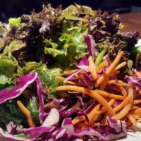 Umai Salad · Mixed greens, carrots, cucumber, carrot-ginger dressing, and seaweed. Vegan.