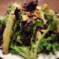 Maiko Salad · Mixed greens, tempura scallions, ginger citrus vinaigrette, togarashi almonds. Vegetarian.
