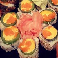 Heat of the Moment Roll · Spicy tuna roll, topped with jalapeno slices, spicy mayo, tobiko then torched.