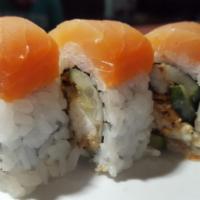 Smoked Goodness Roll · Soft shell crab, pickled cucumber roll, topped with smoked salmon.  