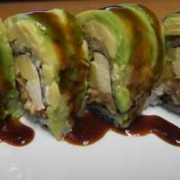 Monarch Roll · Fresh water eel, mango, cream cheese roll, topped with sliced avocado, eel sauce. 