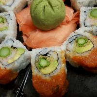 Red Dragon Roll · Krab, avocado, tempura asparagus roll topped with spicy tuna