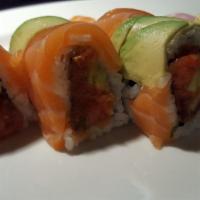 Orange Dragon Roll · Spicy tuna roll and cucumber topped with salmon, avocado. Gluten free.