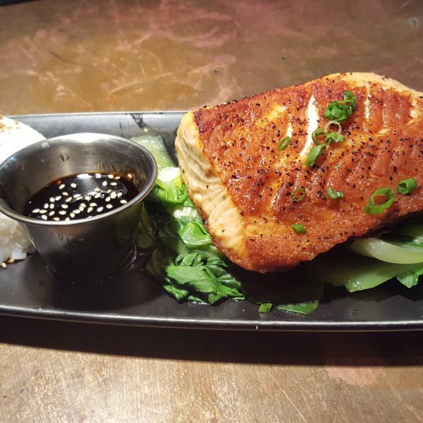 Grilled Salmon · Baby bok choy, scallion sesame rice, and teriyaki sauce. Gluten free without teriyaki sauce.
