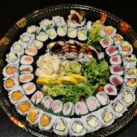 Party Platter 1 · Seven of any regular rolls and choice of shrimp tempura, tiffany or rainbow roll.