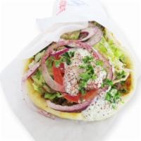 Lamb and Beef Gyro · Lamb and beef meat with tomatoes, onions, bell peppers, lettuce and tzatziki sauce on gyro p...