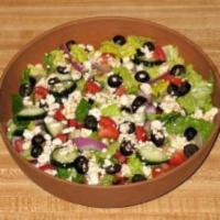 Greek Salad · Lettuce, tomatoes, cucumber, onions, bell pepper, black olives, feta cheese, pepperonccini, ...