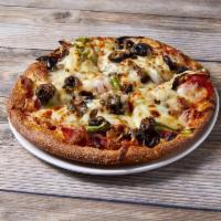 Bellacino's Pride Pizza · Pepperoni, ham, sausage, mushrooms, onions, green peppers, black olives and cheese.