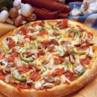 Deluxe Uno · Cheese, classic pepperoni, Italian sausage, mushrooms, green peppers and onions.