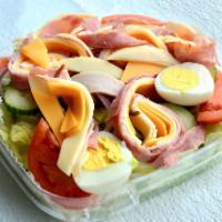 Chef Salad · Mixed lettuce, green pepper, tomato wedges, red onion, cucumbers, Kalamata olives, pepperonc...