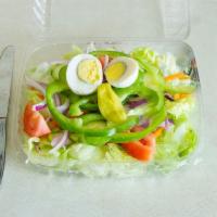 Garden Salad · With lettuce, tomatoes, cucumbers, onions, green pepper, shredded carrots, red cabbages, pep...