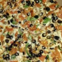 Veggie Pizza · Onion, green peppers, olives, tomatoes and mushrooms topped with our special blend of three ...