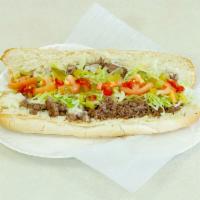 Steak and Cheese · Lettuce, tomato, onion, pickle, mayo, cheese and hots.