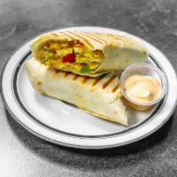 Egg and Sausage Breakfast Burrito · Egg, sausage, cheddar cheese, hash browns, red and green bell peppers, chipotle mayo sauce