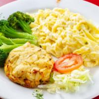 1 Crab Cake Dinner · One jumbo lump crab cake and 2 sides. Choose from tossed salad or Caesar salad, fettuccine a...