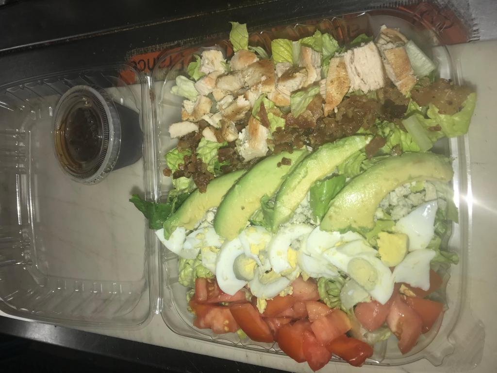 Cobb Salad · Romaine, grilled chicken, crumbled cheese, avocado, boiled egg, bacon, tomatoes and house vinaigrette dressing.