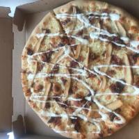 Chicken Bacon Ranch Pizza · Ranch dressing base, grilled chicken slices, bacon and mozzarella.