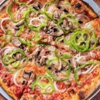 Garden Veggie Pizza · San Marzano tomato sauce, mozzarella, mushroom, onion, peppers, olives and broccoli.