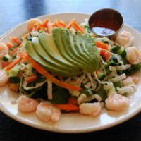 Asian Shrimp Salad · Shrimp, avocado, carrot, tomato, cucumber, shredded cabbage, mixed greens, fried rice noodle...