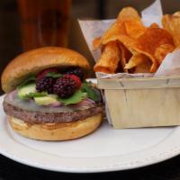 Brew House Bison Burger · Midwest bison, pickled fresh berries, avocado, red onion, cilantro and provolone cheese, ser...