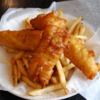 Fish N Chips · Icelandic Cod, hand-dipped in our ale beer batter, crispy fried, served with tartar sauce 
