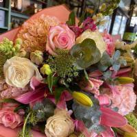 Sweet Dreams · A European-styled hand-tied bouquet, make with blush pink roses eucalyptus lilies hydrangeas...