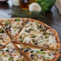 Veggie Pizza · Mushroom, red onion, green and black olives, and green pepper.