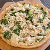 Chicken Florentine Pizza · White sauce, chicken, spinach, and Gorgonzola.