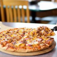 BBQ Chicken with Bacon · BBQ sauce, mozzarella and cheddar, chicken, bacon, and red onion.