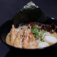 Seafood Ramen  · House special. Tonkotsu broth. Shrimp, scallop, Negi, bean sprouts, wakame, chili oil