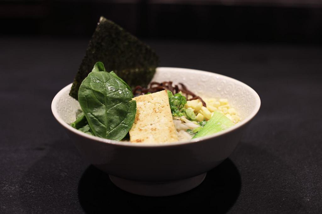 Vegetable Ramen  · Vegan friendly. Vegetable Miso broth. Tofu, bok choy, spinach, corn, Negi, bean sprouts. 

