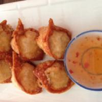 Crab Rangoon · Deep fried blended crab, cream cheese and celery wrapped with wonton skin.