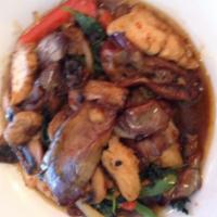 Spicy Eggplant and Mushroom · Aromatic full flavor dish made of eggplant, mushroom, bell pepper, onion and basil leaves st...