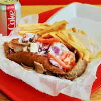 Gyro Sandwich · Gyro with onion, lettuce, tomato and sauce. Served with fries and drink. 