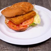 Fish Sandwich · Deep fried fish on bun with lettuce tomato and homemade tartar sauce.