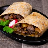Carne Asada Burrito · Top sirloin steak cooked fresh with bell peppers, onions, tomatoes, cheese and green salsa.