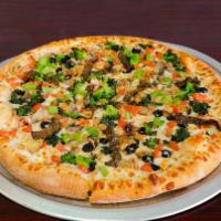 Veggie Pizza · Spinach, tomatoes, mushrooms, onions, olives, green peppers and broccoli.