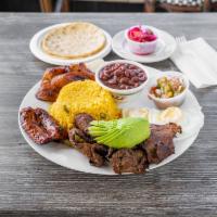 Bandeja Tipica Salvadorena · Typical Salvadorian plate: beef plate with rice, whole beans, fried egg, sausage, avocado, c...