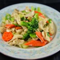Chicken with Assorted Vegetables · White meat. Stir fried chicken with a mixture of vegetables. Served with steamed rice.