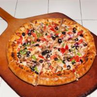 Vegetarian Pizza · Fresh mushrooms, black olives, green peppers, red onions, cooked tomatoes, mozzarella and ma...