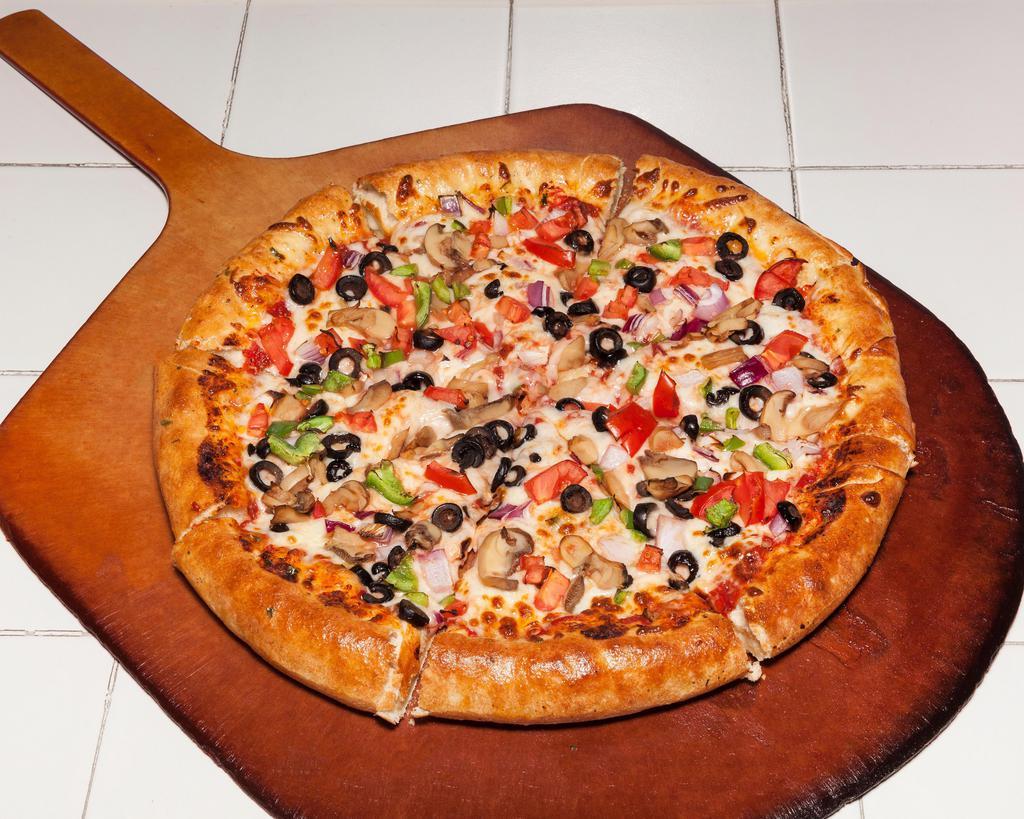 Vegetarian Pizza · Fresh mushrooms, black olives, green peppers, red onions, cooked tomatoes, mozzarella and marinara. 